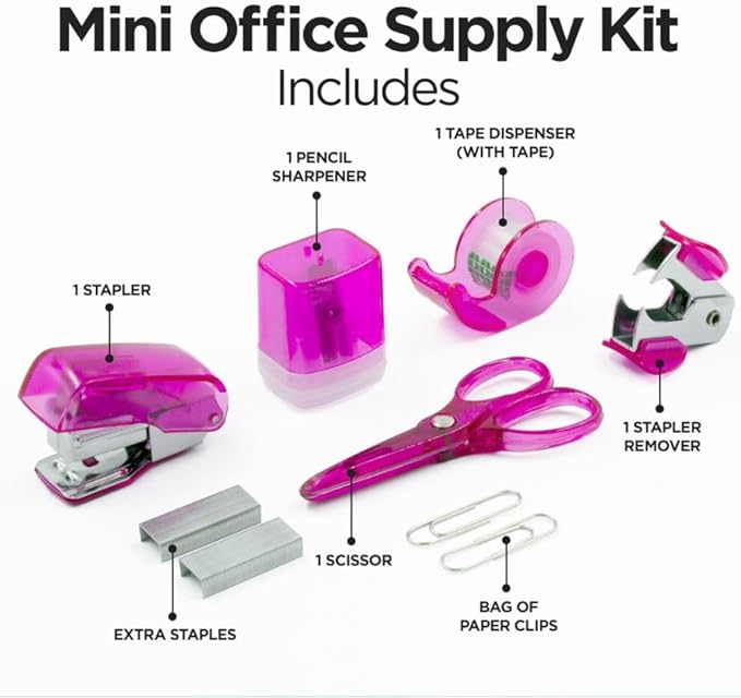 LD Products Pink Mini Office Supply Kit Portable Case with Scissors, Paper Clips, Tape Dispenser Set, Pencil Sharpener, Mini Stapler with Staples and Staple Remover