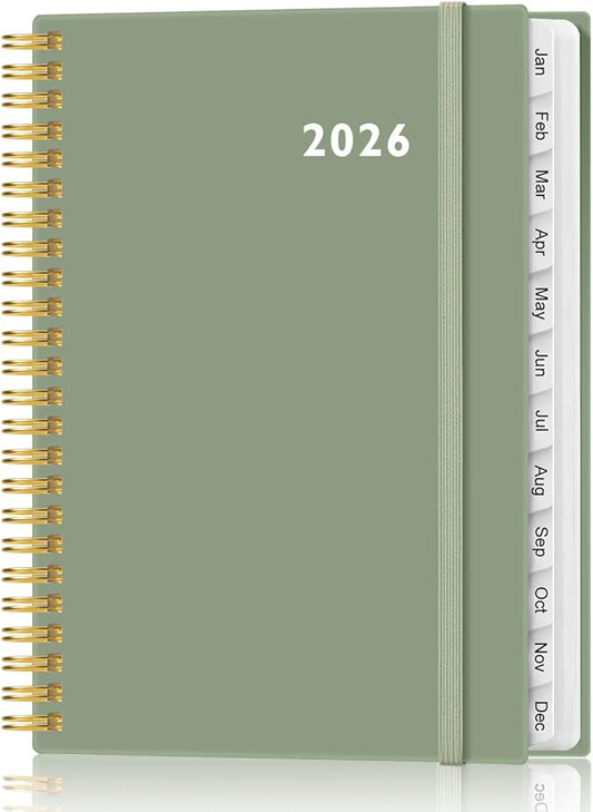 2026 Planner - Weekly and Monthly Calendar Planner from Jan 2026 - Dec 2026, Planner 2026 Spiral Bound with 12 Monthly Tabs, Inner Pocket, Perfect for School Office Supplies, 6.4" x 8.5", Green-C