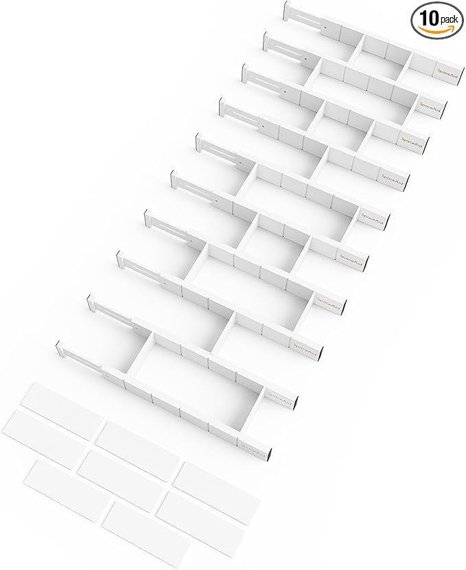 SpaceAid Bamboo Drawer Dividers with Inserts and Labels, Kitchen Adjustable Drawer Organizers, Expandable Organization for Home, Office, Dressers, 10 Dividers with 24 Inserts (17"-22" White)