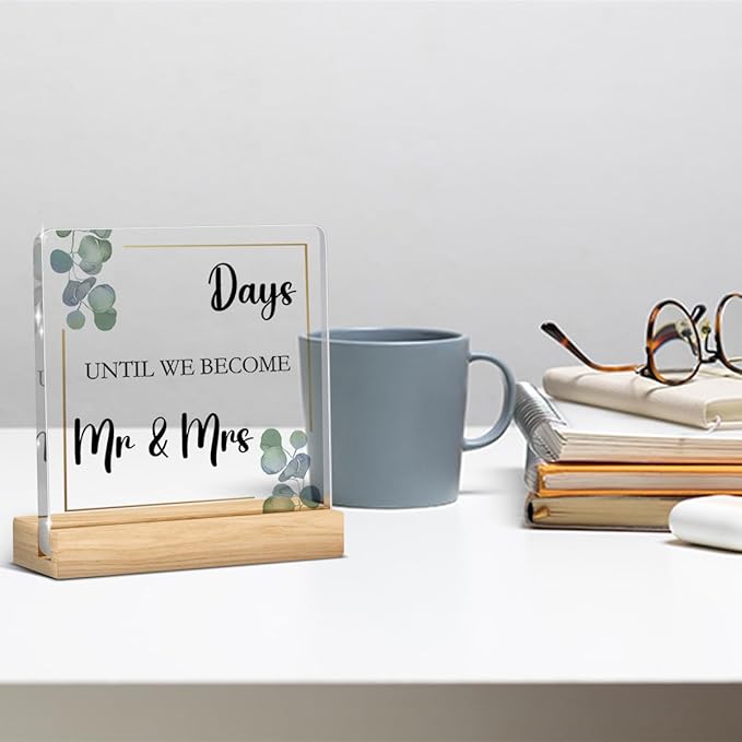 Wedding Countdown Items,Countdown to Wedding Just Engaged Gifts for Couple Wipeable Acrylic Sign for Women, Bride and Groom, Newly Future Mrs with Wood Stand 4 X 4 Inch