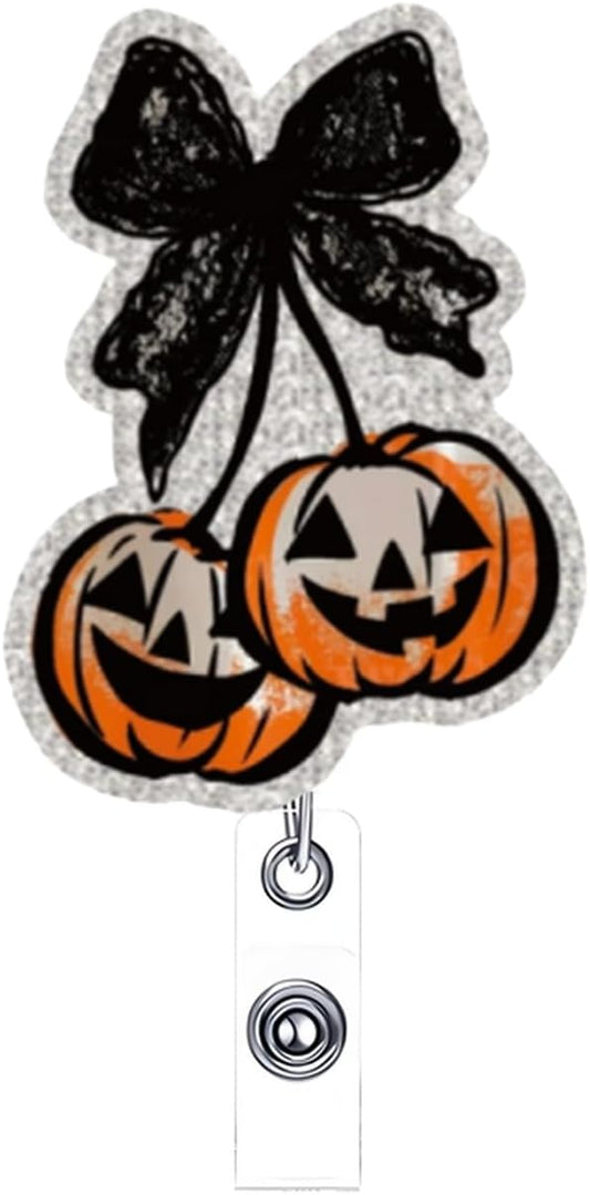 Halloween Badge Reel Retractable Autumn Coquette Pumpkin with Black Bow Acrylic Alligator Clip Halloween Badge Clip ID Card Holder Gifts for Medical Worker Teacher Doctor Cute Halloween Badges Holder