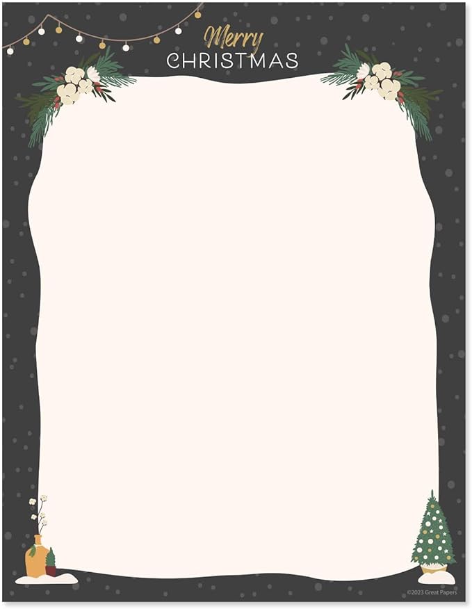 Greenery Merry Christmas Black Letterhead / 50 Sheets / 8.5" x 11" Festive Tree Lights Holiday Paper/Decorative Winter Stationery