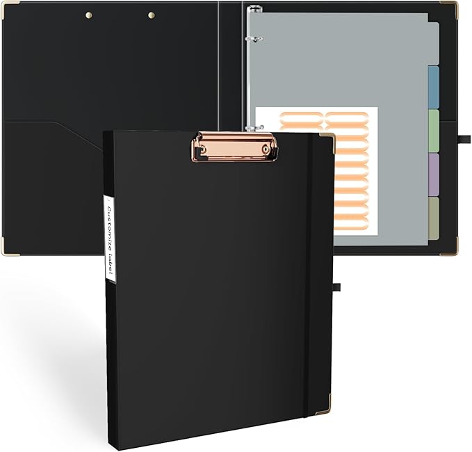 Ospelelf 3 Ring Binder, 1/2 Inch, Cute Letter Size (11" x 8.5") with 5 Tab Dividers, File Folder Labels and Low Profile Clipboards, Black for School and Office