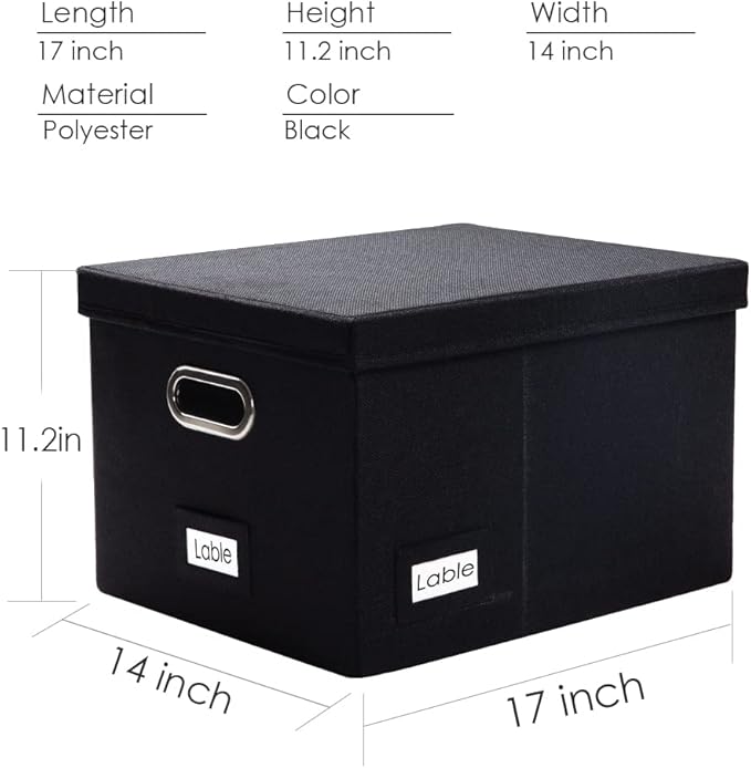 PRANDOM File Organizer Box - Set of 2 Collapsible Decorative Linen Filing Storage Hanging File Folders with Lids Office Cabinet Letter/Legal Size Black (17x14x11.2 inch)