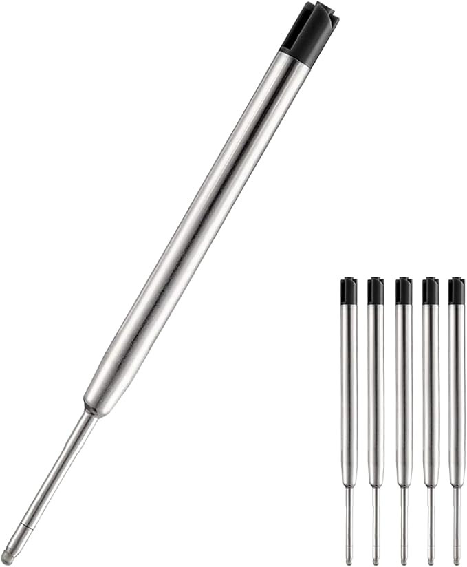 HeTaoCat Black Ink Refill Pack of 5, Replaceable Ballpoint Pen Refills, Medium Point Metal Refil (Black)