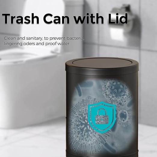 4 Gallon/15L Metal Trash Can with Lid, Bathroom Garbage Can Flipping Lid, Modern, Powder Room, Black Waste Baskets, for Bathroom, Commercial, Kitchen, Office, Hotel(15L-Black)