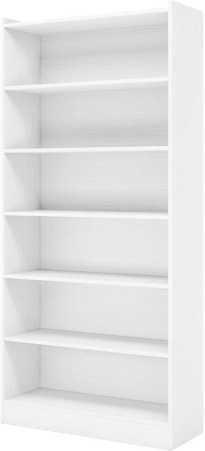 72" Rectangle Wooden Bookshelf with 6 Tier Bookshelf, Large Bookcase for Home Offices and Living Rooms with Storage Shelves, Display Shelves, White