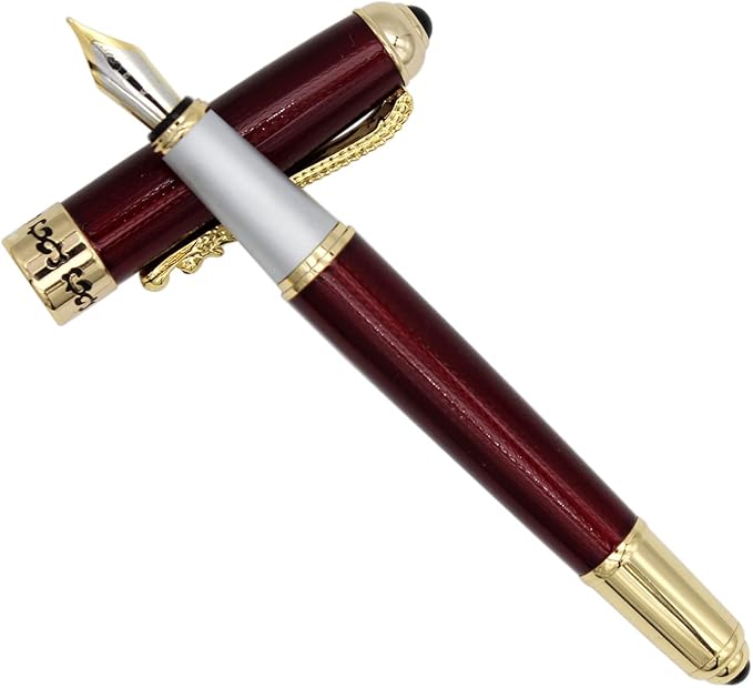 Gullor Fountain Pen with Ink Converter, Golden Dragon Clip, Executive Pen for Smooth Writing, Fine Nib, Red