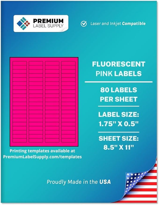 Premium Label Supply Bright Neon Color Fluorescent Sticker Labels - 1.75" x 0.5" Return Address Labels - (Fluorescent Pink, 8000 Labels)