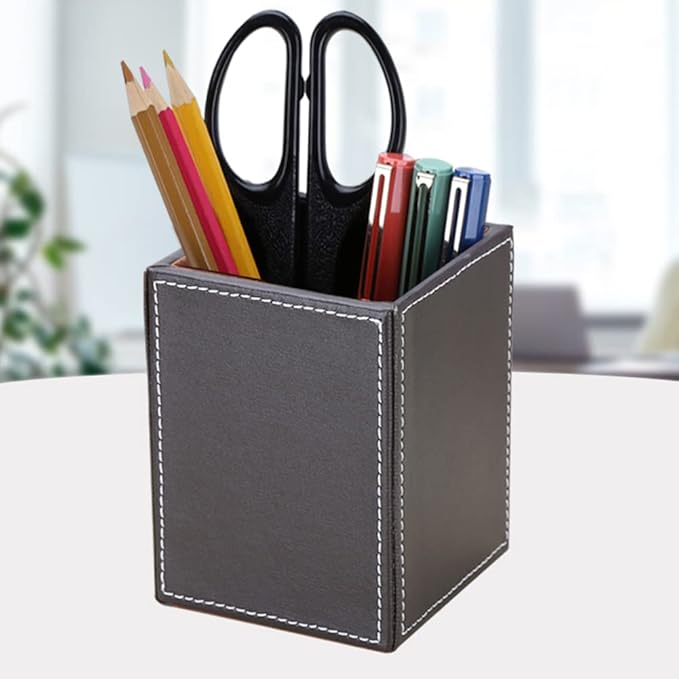 KINGFOM PU Leather Square Pens Pencils Holder Cup Desktop Stationery Organizer Case Office Accessories Container Box Brown