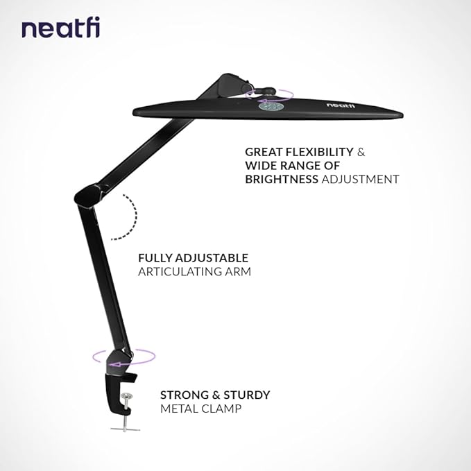 Neatfi Elite HD XL Task Lamp, 3 Adjustable Light Modes, 22 Inches Wide, 2260 Lumens, 84PCS SMD LED, Super Bright Desk Light, Non-Polar Dimming (CCT with Clamp, Black)