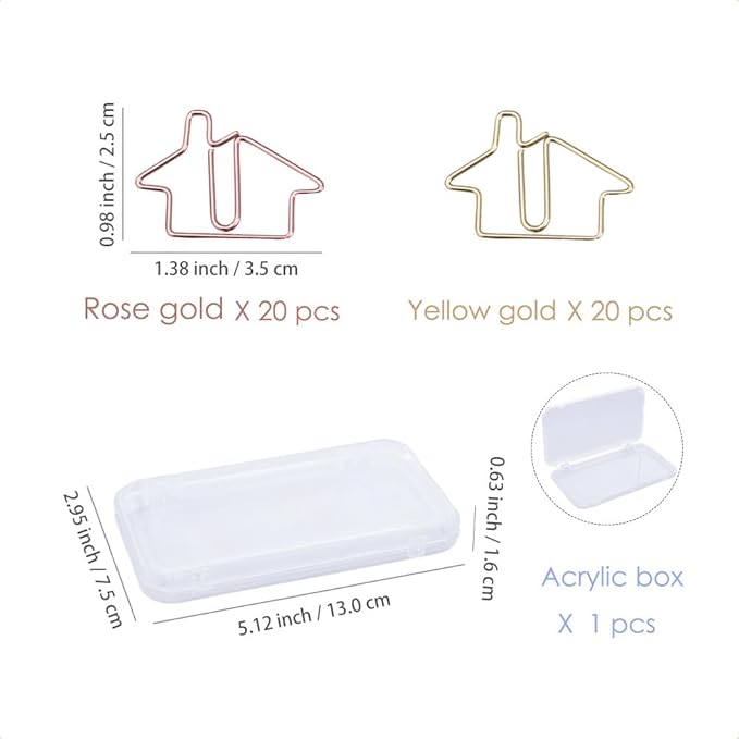 OWLFAVO 40pcs House Shape Paper Clips with Clear Box, Rose Gold and Yellow Gold, Funny Cute Paperclips Bookmarks Planner Clips for Fun Office Supplies School Gifts Wedding Decoration