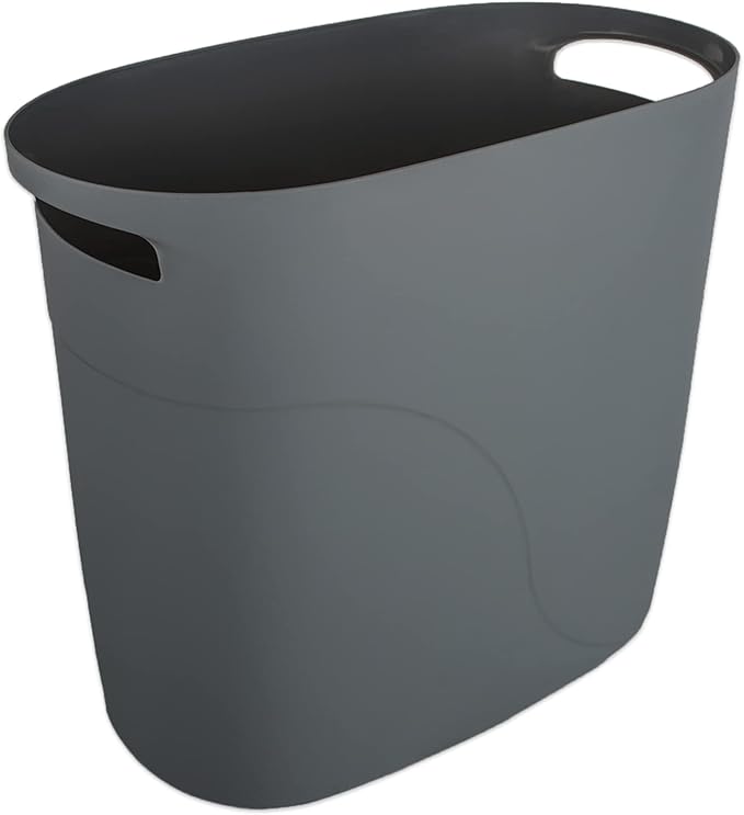 JiatuA Plastic Small Trash Can Slim Waste Basket with Handles 3.2 Gallon Narrow Garbage Container Bin for Bathroom, Bedroom, Kitchen, Home Office Under Desk, Dorm, Laundry Room, Kids Room, Dark Grey