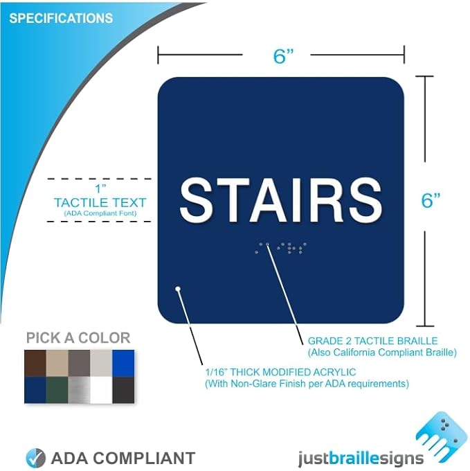 ADA STAIRS braille sign, 6” x 6”, ADA Compliant STAIRS Sign for Building or Business, Many Colors Choices, Made in USA! (Charcoal Grey)