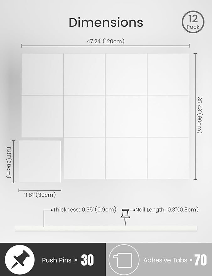 Bumusty Large Cork Board 47"x35" Alternative - 12 Pack Felt Wall Tiles with 70 Safe Removable Adhesive Tabs, 30 Pushpins, Cork Boards for Walls Pin Board Bulletin Board Office Decor (Milky White)