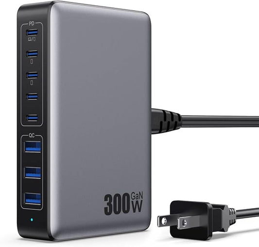USB C Charger 300W USB C Charger Block, 8-Ports GaN IV Fast Charging Station Hub, Dual PD 100W Laptop Charger Adapter,for MacBook Pro/Air/iPad/iPhone16/15/14/Apple Watch/DELL/Samsung for Home Office
