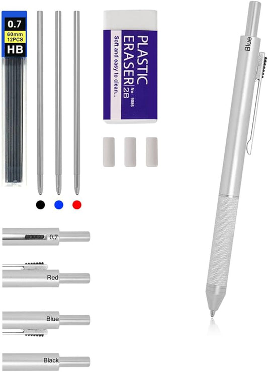 4 in 1 Multi Function Refillable and Retractable Multi Color Pen,Black Red Blue Ballpoint Pen and 0.7mm Multicolor Pencil, Multicolor Pen Gift for Journaling (Silver)