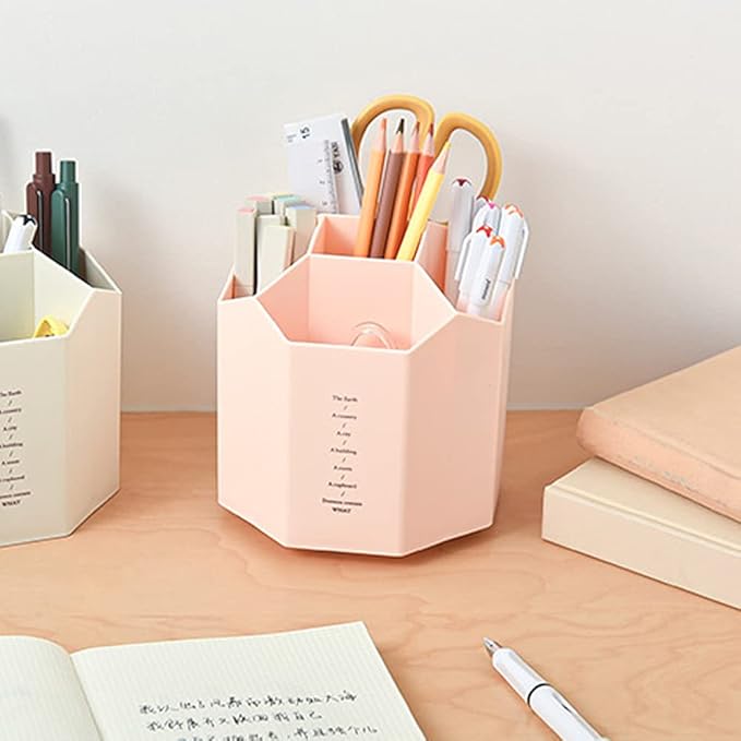 Rotating Desk Organizer, Pencil Holders, Office Accessories Caddy, School Supplies Organizer for Pen, Colored Pencil, Art Brushes, 5 Compartments, Gift for Teachers, Classmates, and Friends (Pink)