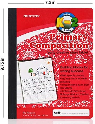 Mintra Primary Composition Notebook, 24 units 6-4 Pack, Assorted Colors, 80 Sheets, 7.5in x 9.75in, 1/2 Sheet, Ruled with Drawing Area, Flexible Hardcover Journal, Grades K-2, School & Home Use