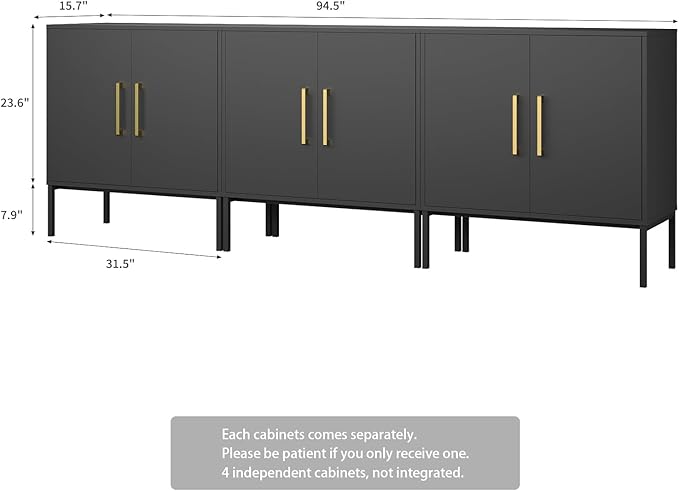 LYNSOM Storage Cabinet with Doors, Set of 3, Modern Buffet Cabinet with Storage, Kitchen Sideboard Buffet, Black Wood Accent Cabinet for Living Room, Bedroom, Hallway, Entryway, Office, Black