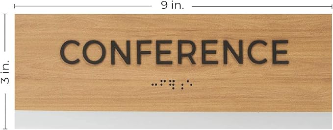 Conference Sign With Braille/Small Business Easy Adhesive Mount Door And Wall Sign / 3" x 9" Oak Woodgrain Design