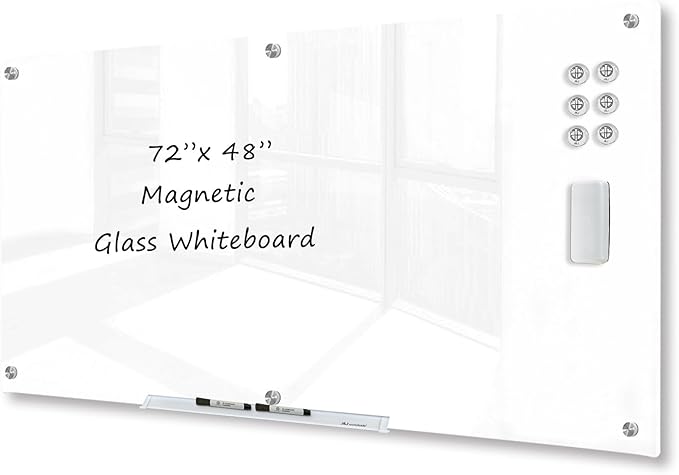 J&J worldwide Magnetic Glass Whiteboard 6' x 4' Ultra White, Large Frameless White Boards for Walls 72 x 48 Inches, Large Dry Erase Board for Office, Home, School