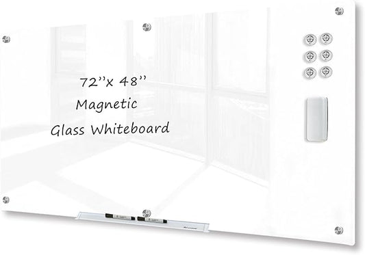 J&J worldwide Magnetic Glass Whiteboard 6' x 4' Ultra White, Large Frameless White Boards for Walls 72 x 48 Inches, Large Dry Erase Board for Office, Home, School
