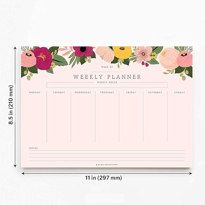 Bliss Collections Weekly Planning Pad, To Do List Notebook - Undated Tear-Off Sheets Notepad - Work Calendar, Organizer, Scheduler for Goals, Tasks - Floral (Pink), 8.5" x 11", 50 Sheets