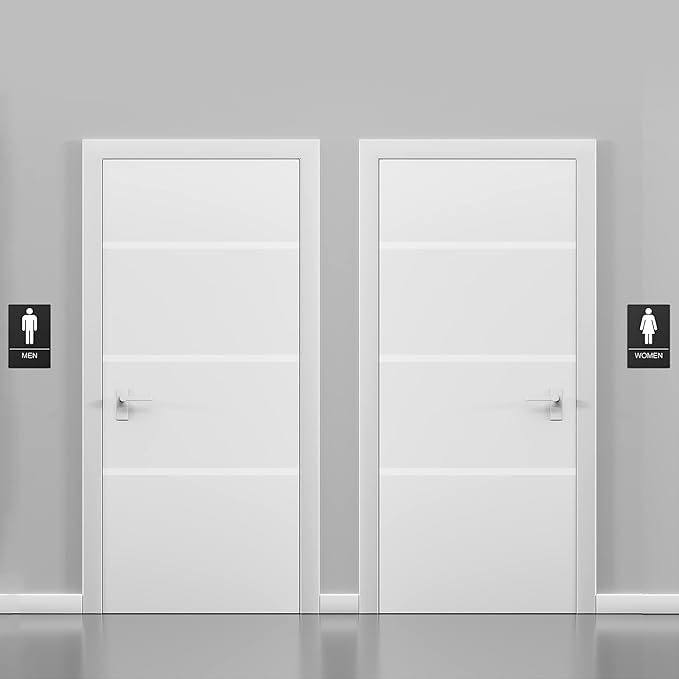 Bathroom Signs, Restroom Sign For Business - For Men and Women - 9" by 6" - ADA Compliant with Braille - Strong Double-Sided Adhesives Included - Apply to Office, Home, Public Door/Wall
