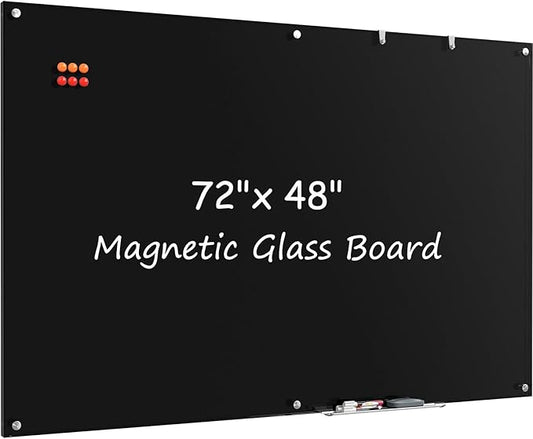 MaxGear Glass White Boards 72x48 Inches, Wall Mounted Magnetic Glass Dry Erase Board Black, Large Frameless Whiteboard with 1 Eraser,3 Markers and 6 Magnets for Office, School, Home