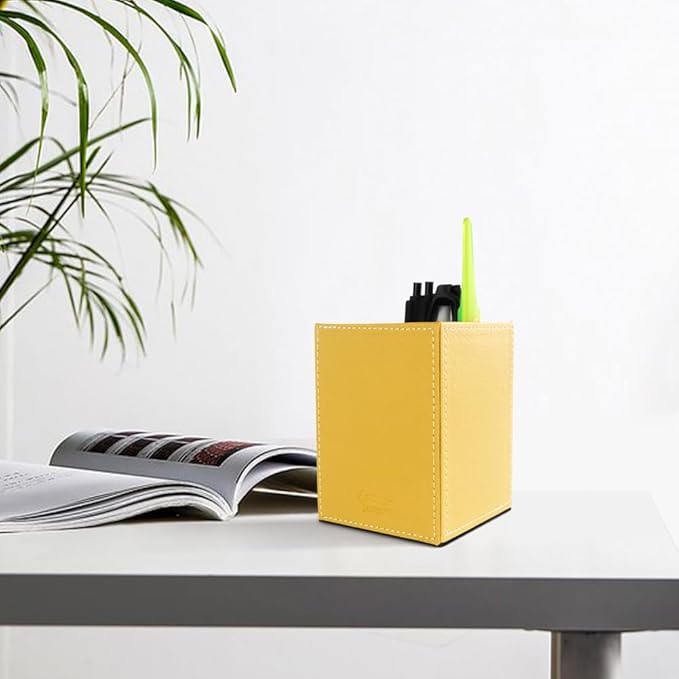 Pen Pencil Holder Cup Container PU Leather Desk Organizer Stand Decor Brush Scissor Holder Decoration Office Desk Home School (Yellow, 3.54" x 3.54" x 4.72")