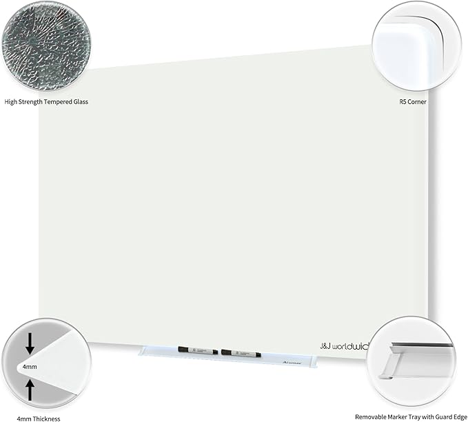 Magnetic Whiteboard, Glass Dry Erase Board 4' x 3' White Surface, White Board Frameless, Home School Supplies or Home Office Decor with Magnets, Markers, Eraser, Marker Tray