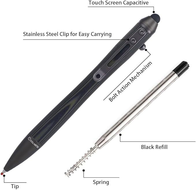 Cool Hand 5.7'' Bolt Action Pens, EDC Ballpoint Ink Refillable, Stylus for Touch Screen, G10 Body w/Pocket Clip, Ergonomic Grip, with a Free Refill, 5374-G