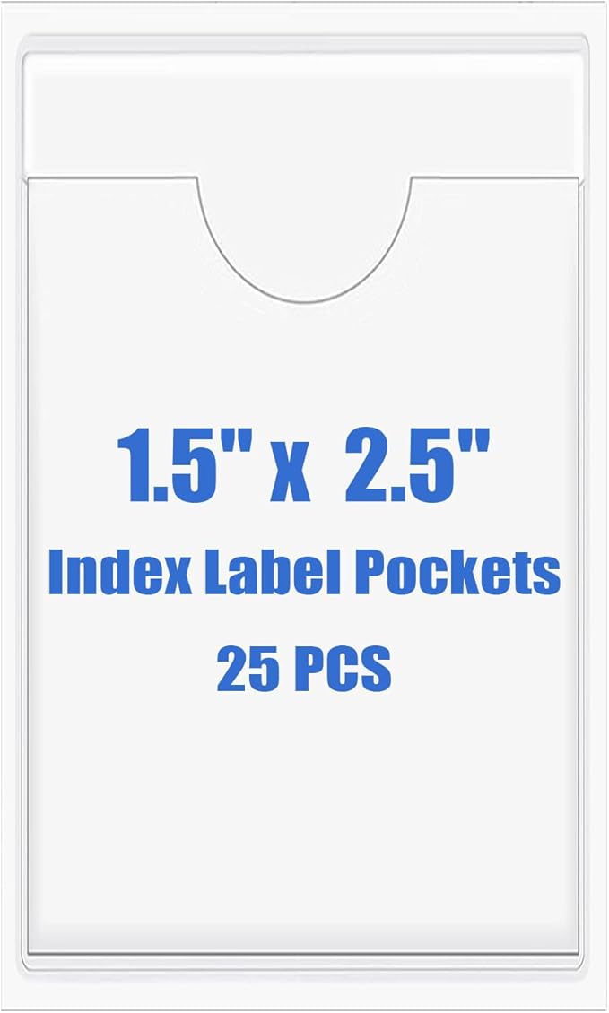 Origin-Joy 25 PCS Self-Adhesive Index Label Pockets, Clear Plastic Peel & Stick Card Holders with Top Open for Loading (1.5 x 2.5 inch)