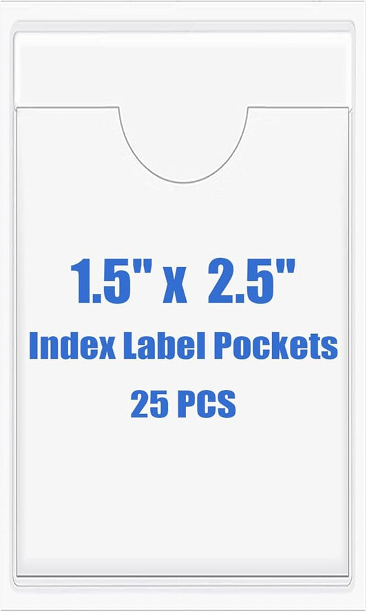 Origin-Joy 25 PCS Self-Adhesive Index Label Pockets, Clear Plastic Peel & Stick Card Holders with Top Open for Loading (1.5 x 2.5 inch)