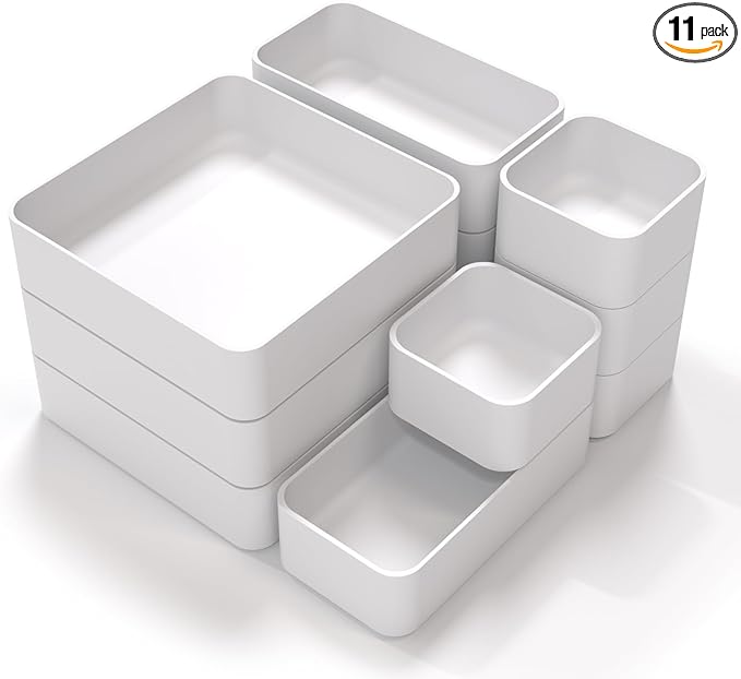 CHANCETSUI 11-Piece Stackable Drawer Organizer Set, Multi-size Desk Drawer Organizer Trays Vanity Storage Bins for Storing Makeup, Stationery, Utensils in Bathroom Dresser, Office and Kitchen