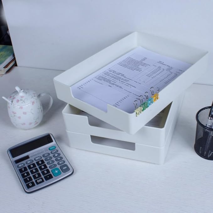 Letter-Size Desk Drawer Organizer, A4 Plastic Paper Tray, Stackable File Holder for Office, School, Home Storage (White)