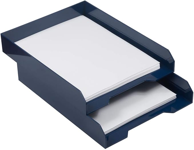 JAM PAPER Stackable Paper Trays - Navy Blue - Desktop Document, Letter, & File Organizer Tray - 2/Pack