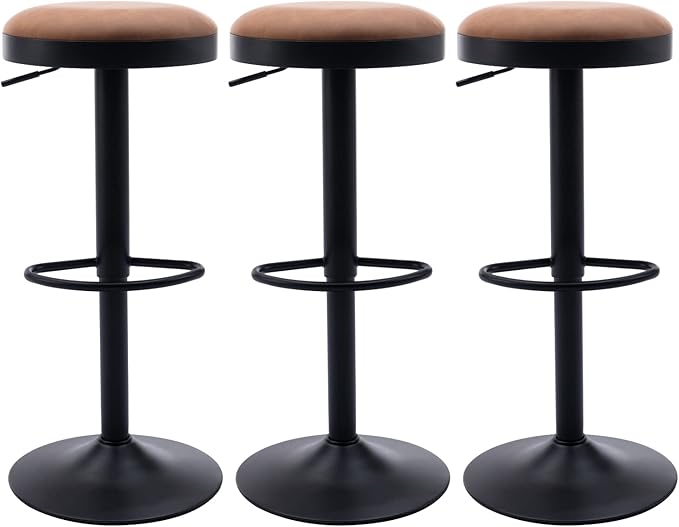 Round Swivel Counter Height Bar Stools Set of 3 Modern Adjustable Barstools Backless PU Leather Bar Chairs Industrial Island Chairs with Metal Base/Footrest for Kitchen Island/Pub/Bar, Brown