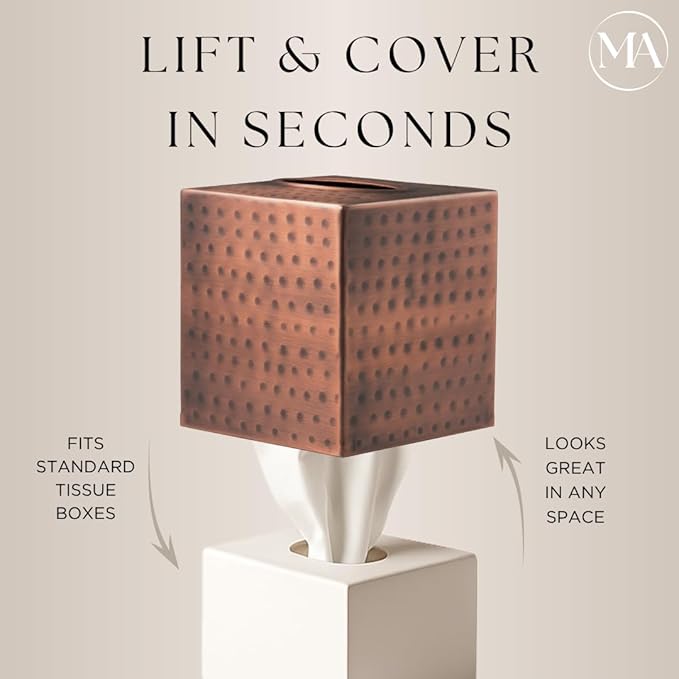 Monarch Abode Tissue Box Cover, Hand Hammered, Metal, Square Tissue Box Holder, Antique Copper Finish