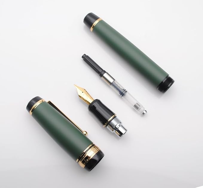 Metal Big Fountain Pen Set Medium Nib 0.7mm, Includes Ink Refill Converter, 5 Ink Cartridges & Gift Box (Medium Nib 0.7mm, Matte Green)