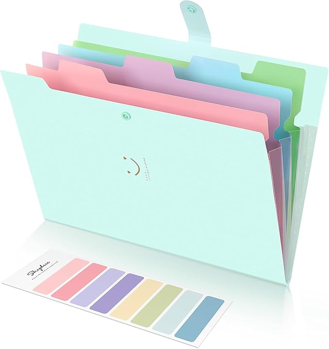SKYDUE Expanding File Folder with 5 Pockets, Cute Accordion File Organizer, Letter Size Filing Folder, Portable Paper Receipt Organizer, School Office Supplies Green
