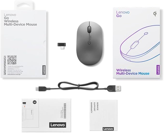 Lenovo Go Multi-Device Wireless Mouse, 2.4GHz Nano USB-C Receiver, Bluetooth, Adjustable DPI, USB-C Rechargeable Battery, Qi Wireless Charging, Ambidextrous, GY51C21211, Grey