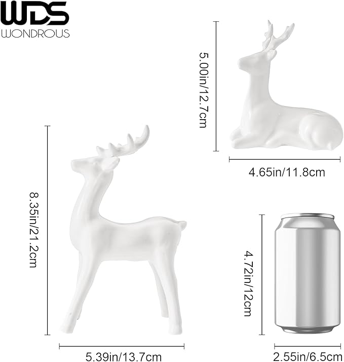 WDS WONDROUS Christmas Decoration Indoor Reindeer Figurines, Set of 2 White Christmas Reindeer Statues Decor, Ceramic Deer Sculptures Xmas Decorations for Table Top Winter Mantel Home Decor