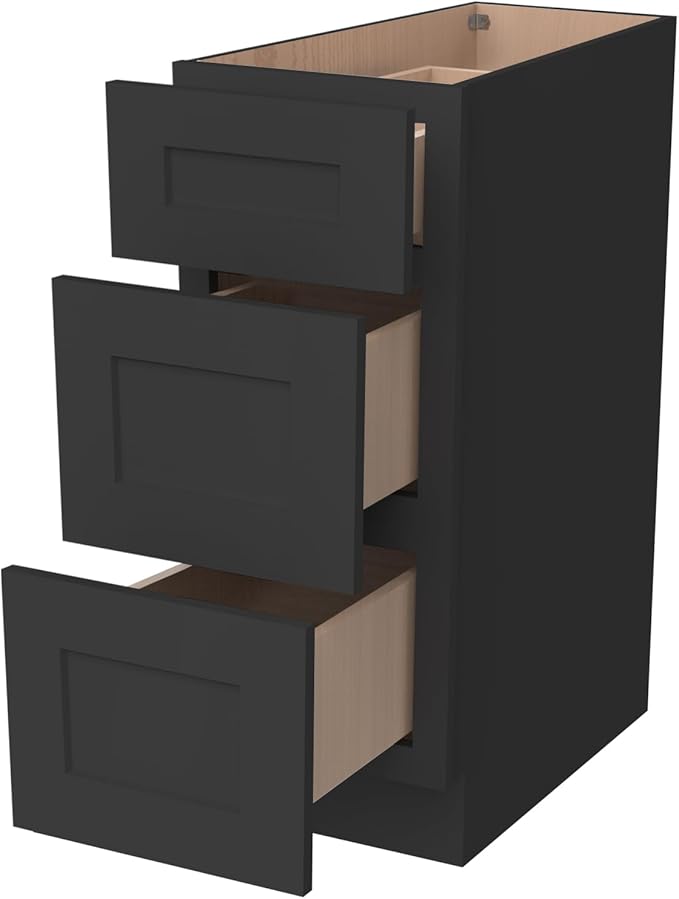 Shaker Style Charcoal Black RTA Base Drawer Cabinet - Solid Wood 3-Drawer Design with Soft Close Feature, 15" W x 24" D x 34.5" H, Perfect for Standalone Use or Kitchen Cabinet Combinations