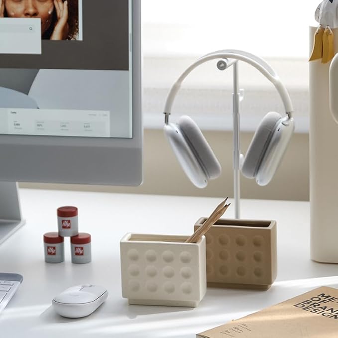 WENSHUO Abstract Square Face Pen Holder, Modern and Minimalistic Desk Accessories (Matte Crème)
