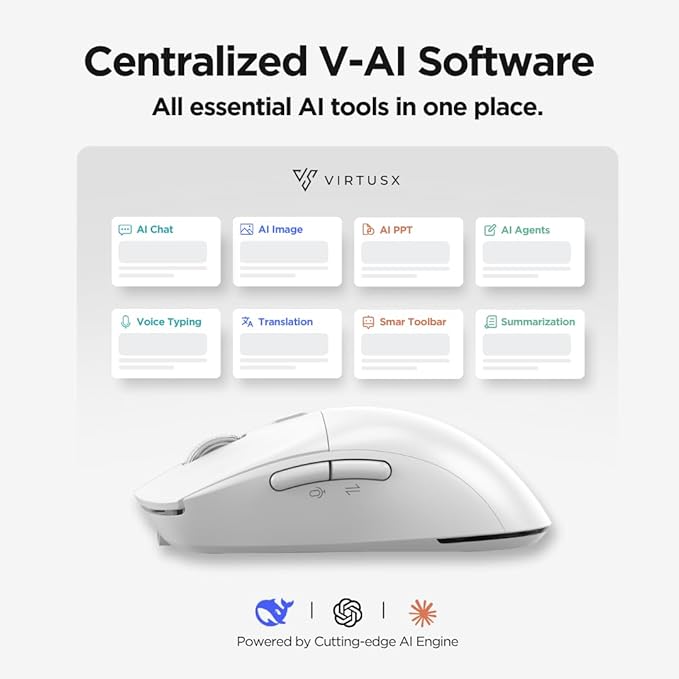 Virtusx AI Mouse, Jethro V1 – AI Voice & Audio Recorder, Note Taking Mouse for Computer & Laptop with Centralized AI Software, AI Writing Tools, Voice Typing, Transcribe, Translate & Summarize