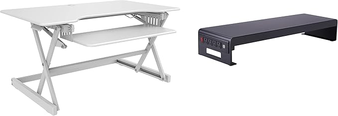 Rocelco 40" Large Height Adjustable Standing Desk Converter with Dual Monitor Stand BUNDLE - Quick Sit Stand Up Computer Workstation Riser - Retractable Keyboard Tray - White (R DADRW-40-DMS)