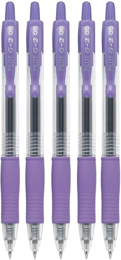 G2 Retractable Premium Gel Ink Roller Ball Pens Extra Fine Point (.5mm) Purple Ink 5 pack; Refillable & Premium Comfort Grip Bundle with Plastic Reusable Pouch