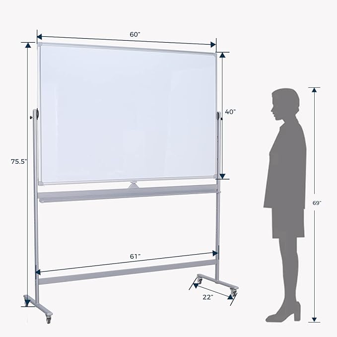 Large Double Sided Whiteboard 72x40 inches on Wheels - Height Adjustable Mobile Magnetic Dry Erase Board with Rolling Stand for Office Meetings, Classroom Teaching, Home, Silver Frame